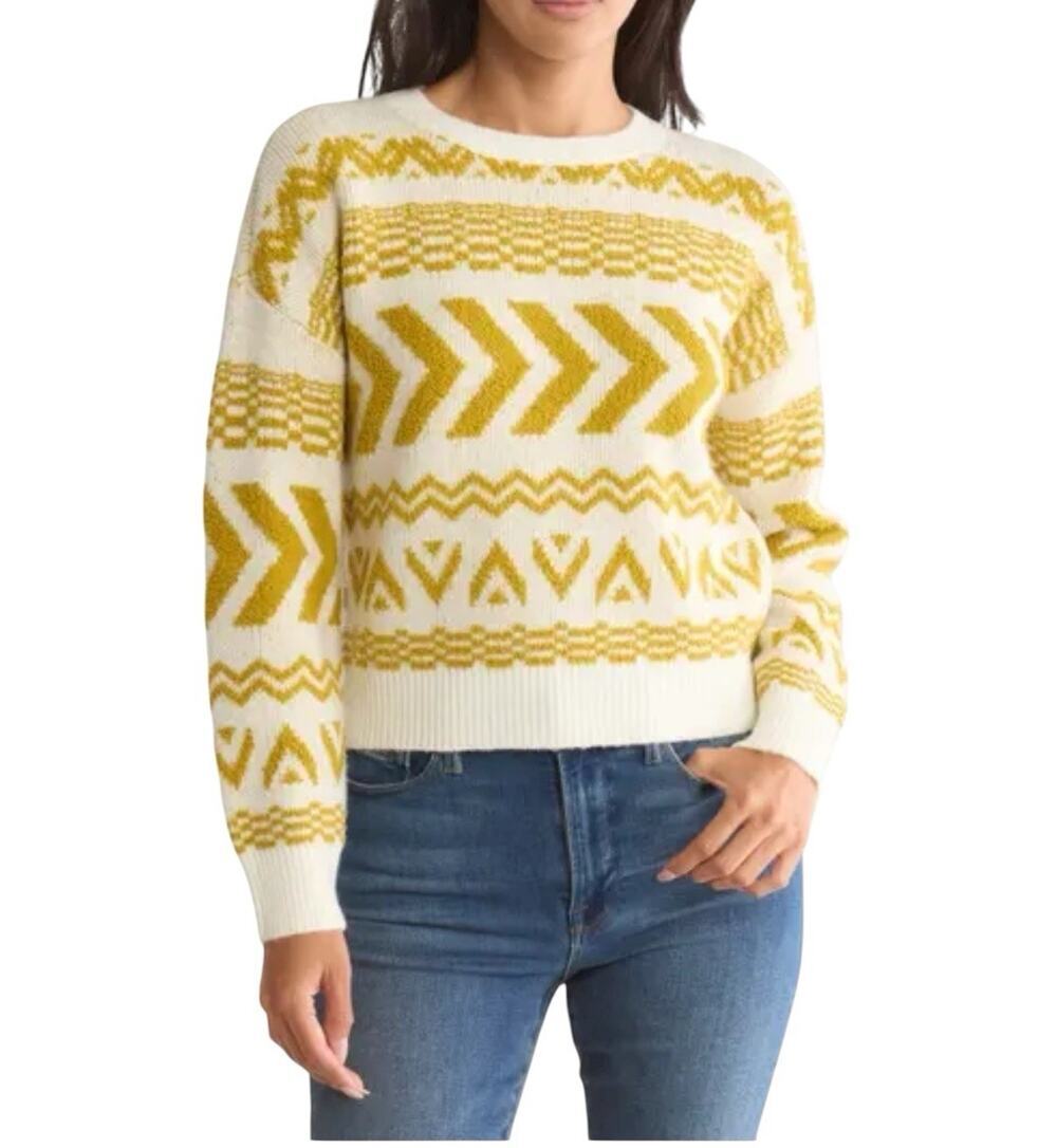NYC Geometric Crewneck Sweater Knit Yellow White Chevron  Size M